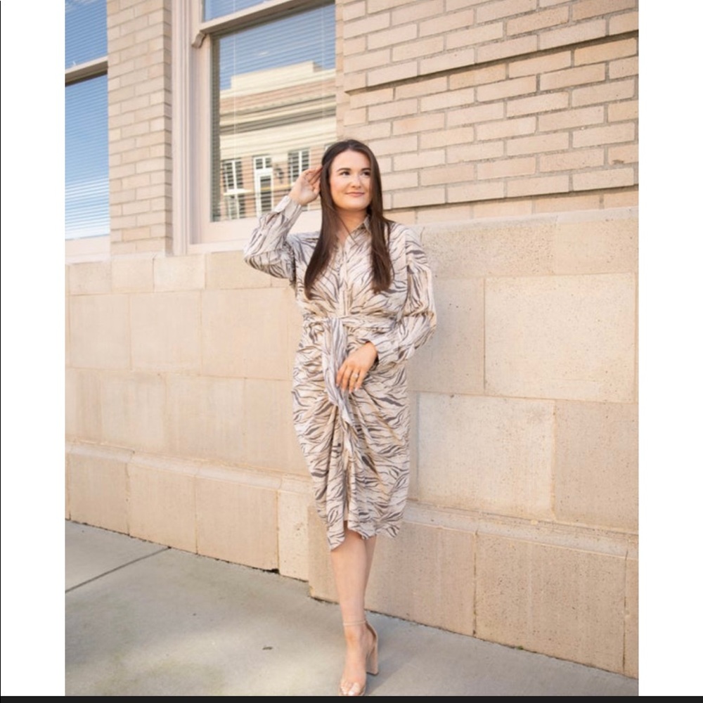 Dress w/ front button closure, working waist tie, long sleeves,& midi length fit